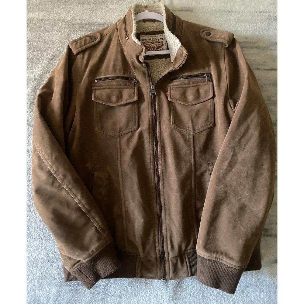 Levi Mens Brown Faux Suede Sherpa Lined Bomber Jacket Size‎ L Epaulets Full Zip